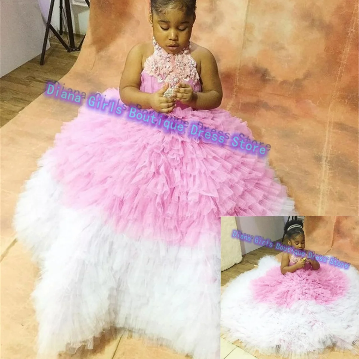 Customized Cute Pink Flower Girl Dress Wedding  Appliqued Tiered Tulle Fluffy Princess Little Girls Birthday Party Dresses