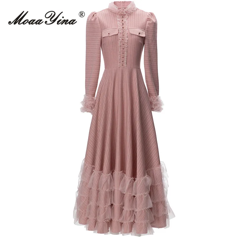

MoaaYina Autumn Fashion Runway Pink Vintage Party Dress Women Stand Collar Button Mesh Ruffles High Waist Slim A-LINE Long Dress