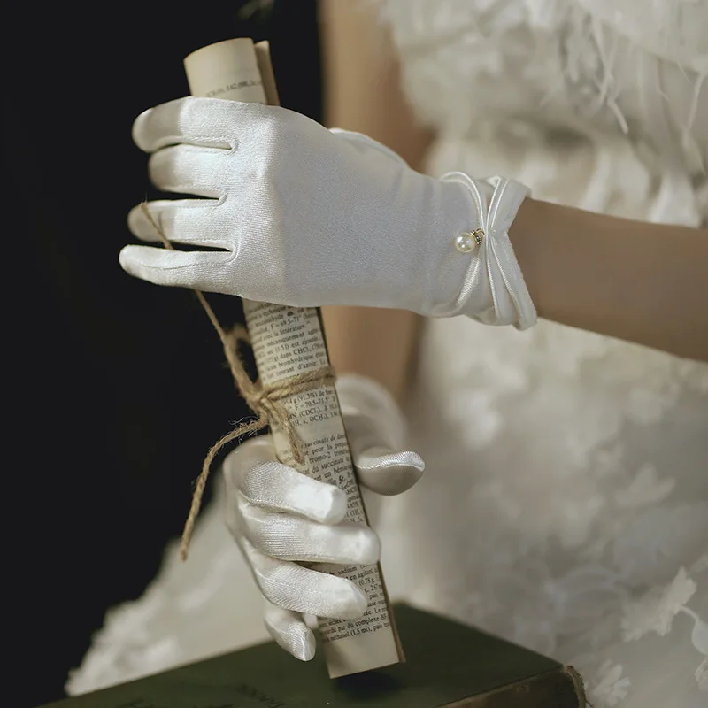 Wedding gloves bridal wedding gloves satin short gloves with a bead embellishment photo gloves