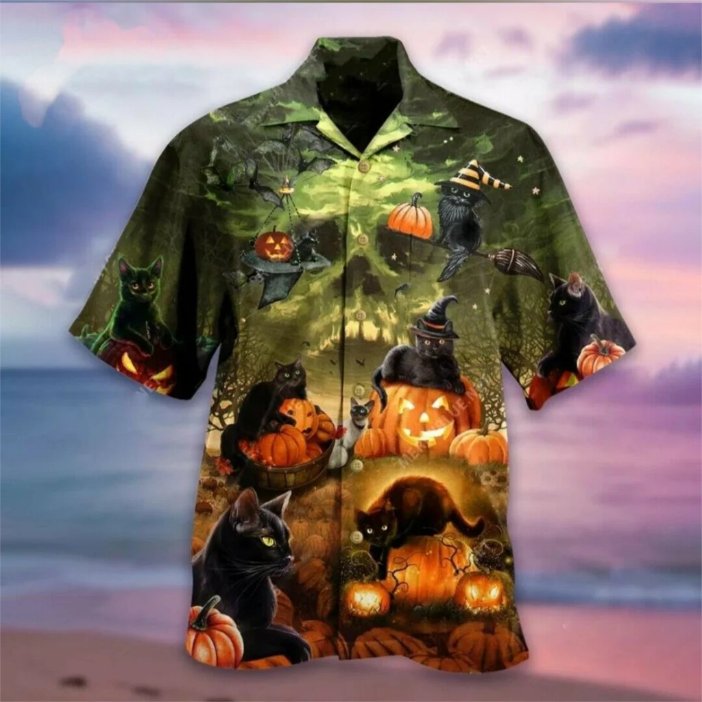 New Hawaii Shirts Halloween Short Sleeve Button Up Cartoon Shirts Summer Oversize for Men And Women