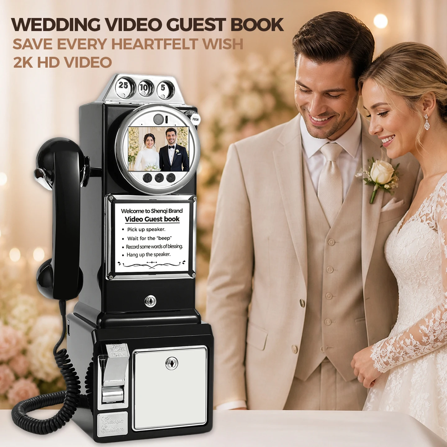 128GB Retro Wedding Video Guest Book Telephone Guest Recording Blessing Video Check In All in One Machine