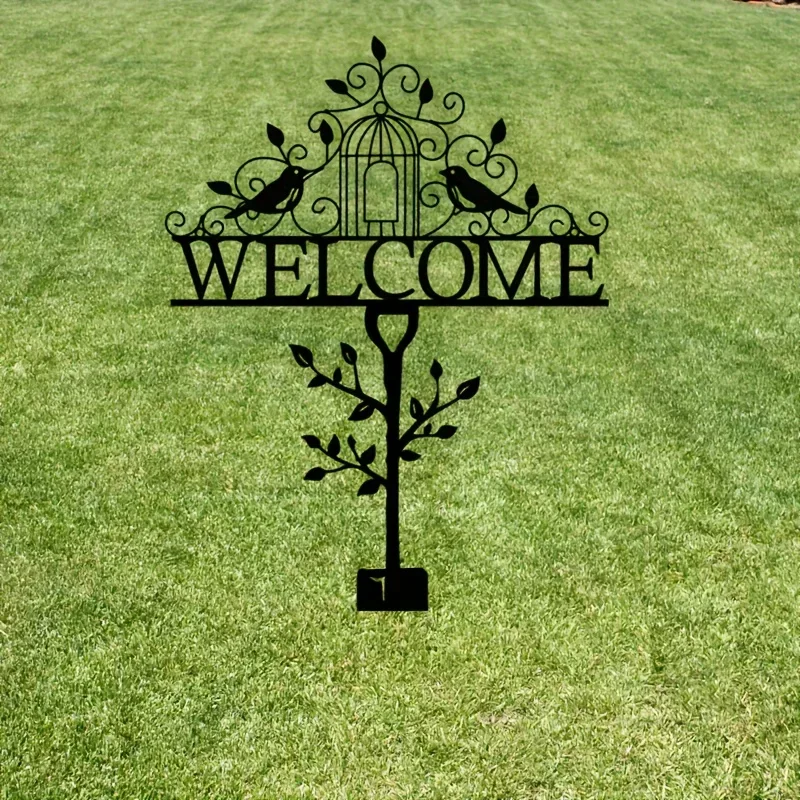 Rustic Metal Welcome Bird Sign - Farmhouse Outdoor Wall Art with Birdcage Design for Yard, Fence, or Lawn Decoration