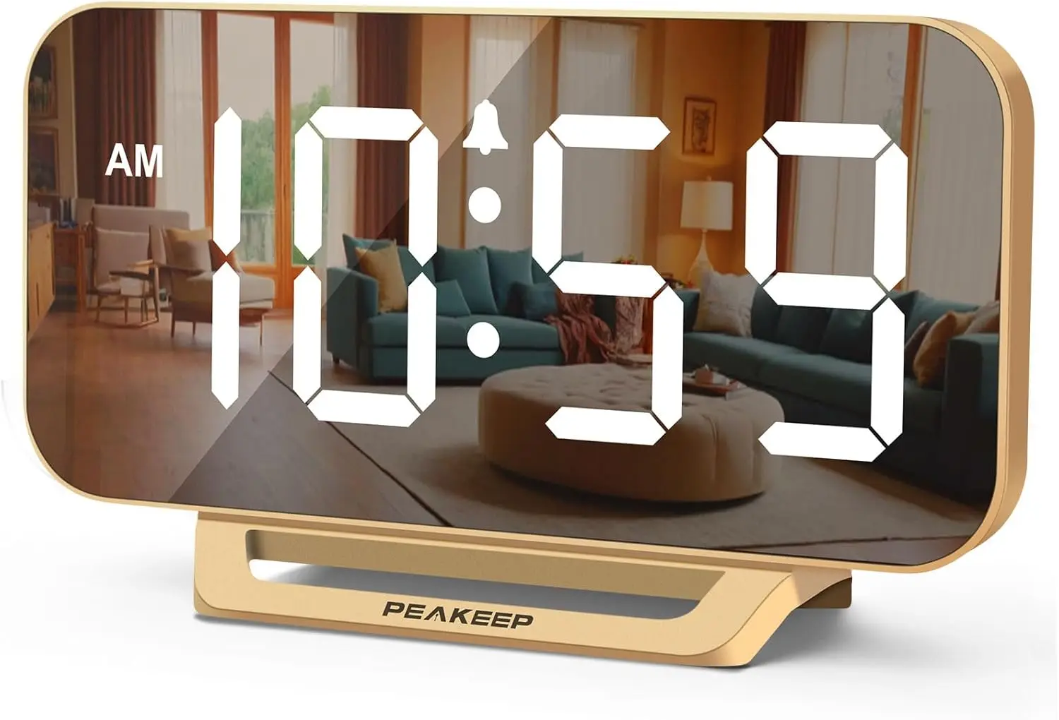 Slim Mirror Digital Alarm Clock with 6 Dimmers, Large LED Display for Bedroom Desk Decor, Plug in with Battery Backup (Gold)
