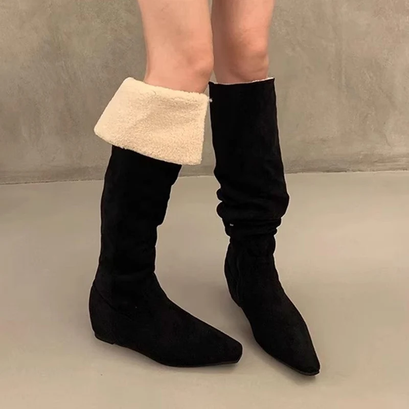 الفراء النساء فوق الركبة الثلوج الأحذية الشقق أحذية قطنية امرأة 2025 الشتاء أنيقة الدافئة أحذية طويلة أحذية مشي غير رسمية Mujer بوتاس #3