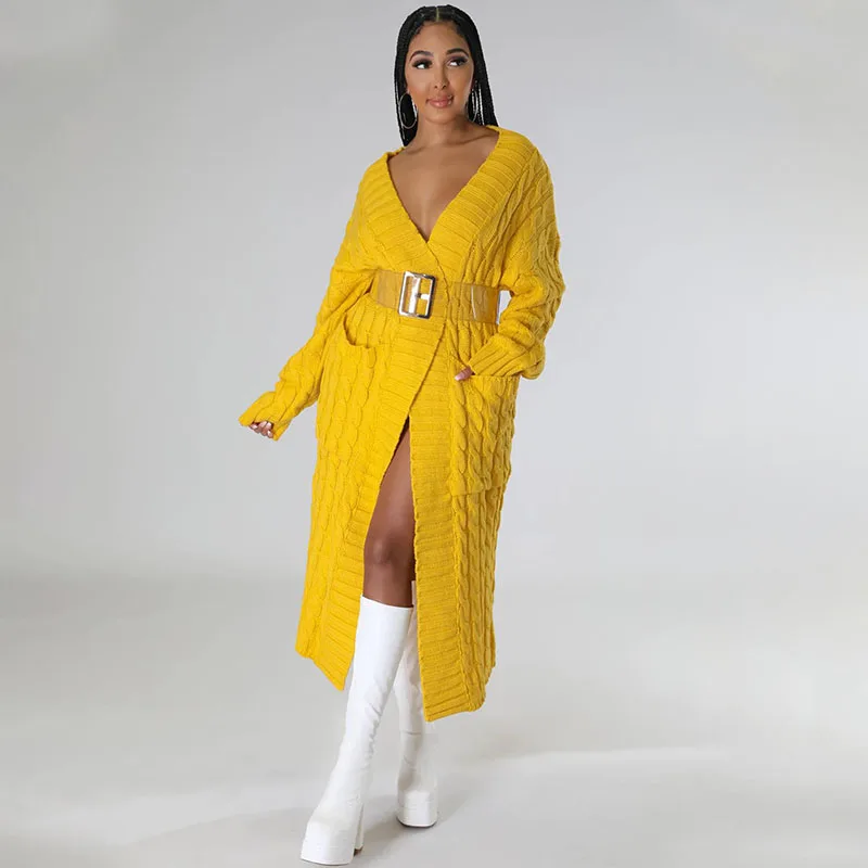 Robe Cardigan tricotée côtelée pour femmes, vêtements d'hiver chauds à manches longues, Maxi, poches élégantes, robes droites longues