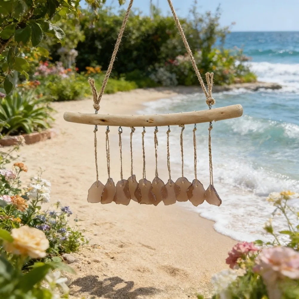 Handmade Blue Sea Glass Wind Chime With Driftwood Beach Style Wall Hanging Art Decor For Indoor And Outdoor Use view 3