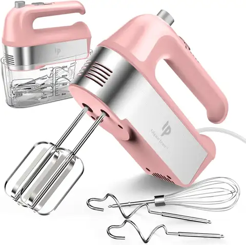 450W Electric Hand Mixer with Scale Cup, Turbo Boost & 5 Speeds for Easy Dough & Cream Whipping, Pink