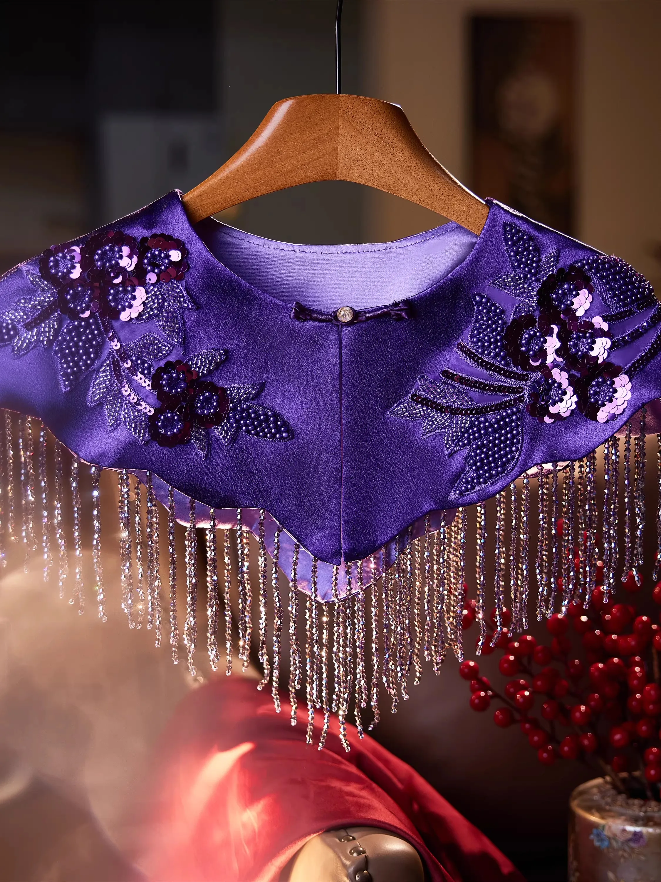 Women's Vintage Beaded Embroidery Purple Tassel Pashmina Female Chinese Style Show Cosplay Party Shawl Cloak Collar R3240