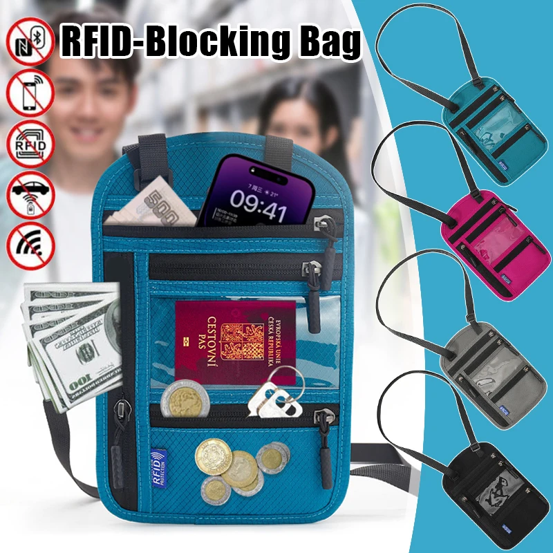 RFID Blocking Card Holder Nylon Anti-Theft Travel Document Card Passport Bag Neck Wallet Money Document Card  Storage Bag Pouch