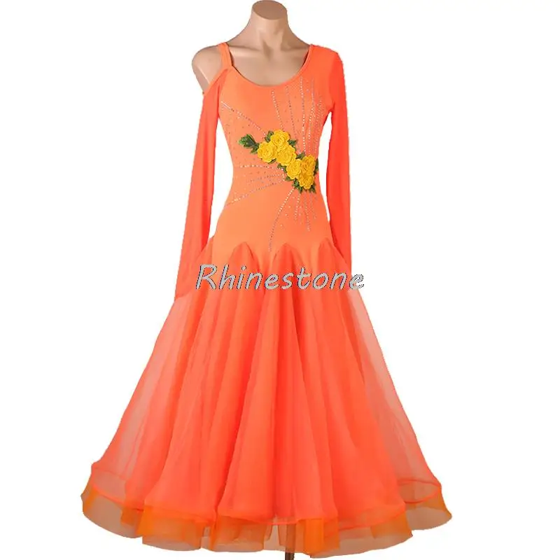 Orange Modern High-end Diamond Attached Performance Competition Uniform National Standard Waltz Dance Dress