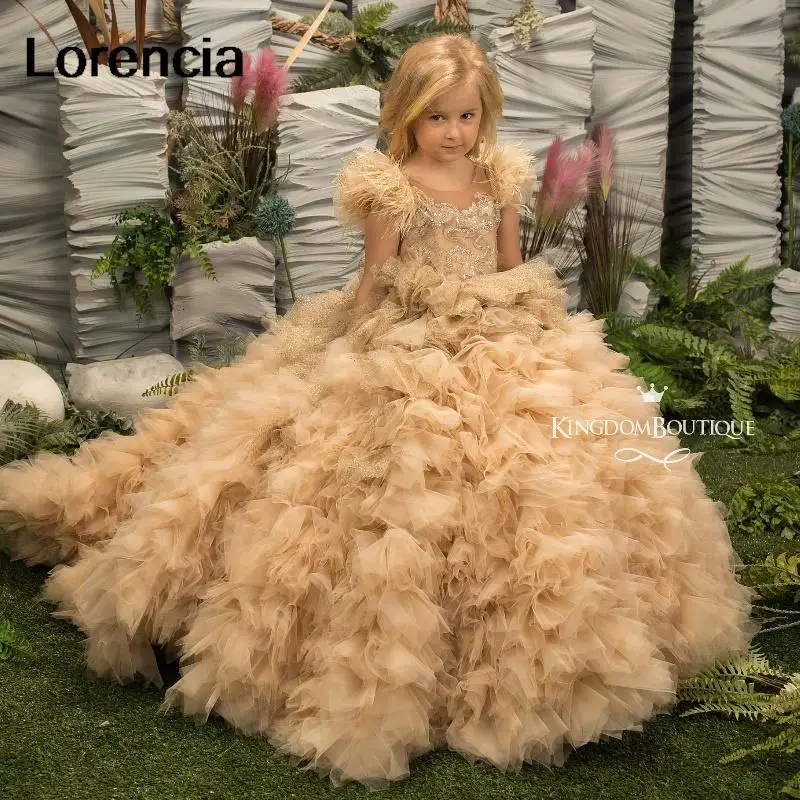 Lorencia Gold Ball Gown Puffy Flower Girl Dress For Wedding 2024 Tulle Applique Beading Party Pageant First Communion Gown YFD68