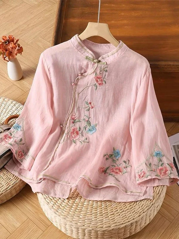 

Ele Этнический женский хлопково-льняной топ с вышивкой на боковых пуговицах, свободный крой, повседневный осенний топ, высокое художественное качество