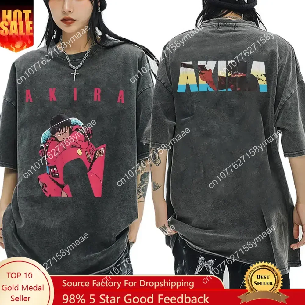 

Japanese Anime Akira Washed Vintage T Shirt Science Fiction Cartoon Movie Shotaro Kaneda T-shirt Men Women Women Cotton Casual T