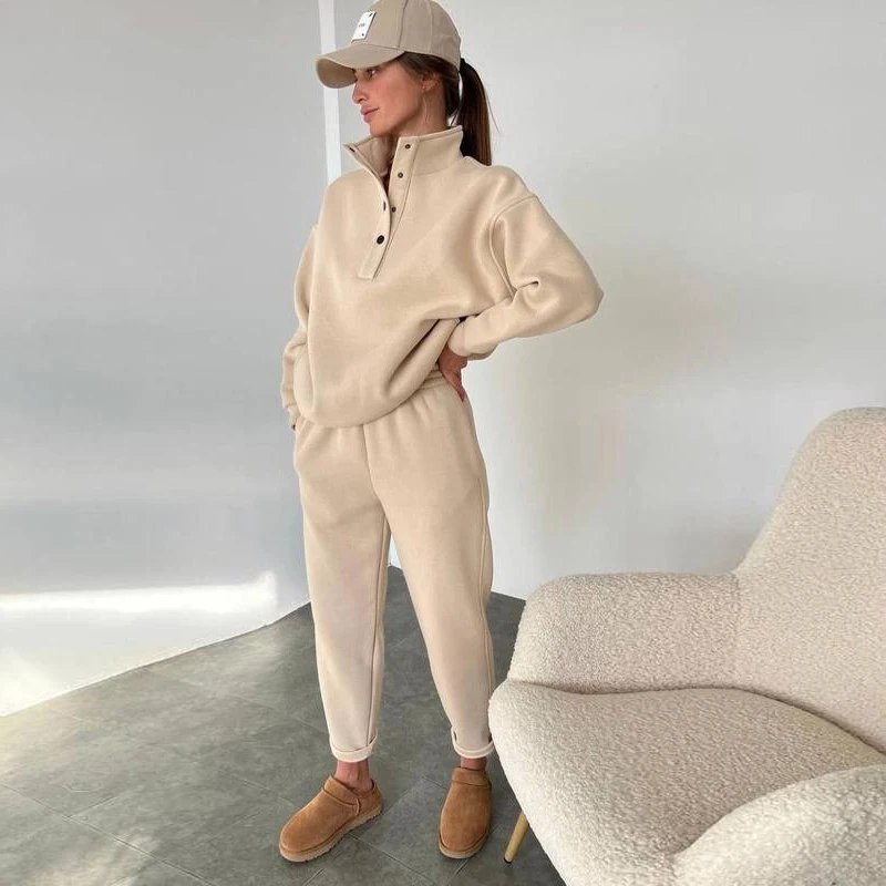 

Новинка 2025, женский повседневный спортивный костюм, однотонный воротник-стойка, женская толстовка с капюшоном, спортивные брюки, комплект из двух предметов