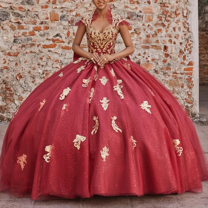 

Red Shiny Quinceanera Dresses Ball Gown Off The Shoulder Gold Applique Lace Beads Tull Sweet 16 Dress Vestidos 15 De Anos