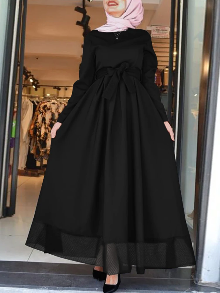 ZANZEA Elegant Crew Neck Islamic Hijab Abaya Robes Women Long Sleeve Mesh Hem Muslim Fashion A-line Vestidos Belted Maxi Dress