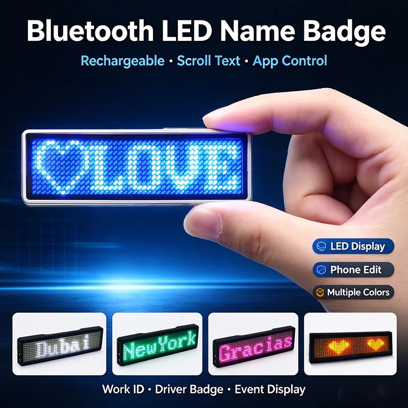 Bluetooth Led Name Badge Rechargeable Scrolling Text Display, Phone App Programmable Led Name Tag Electronic Work ID Badge