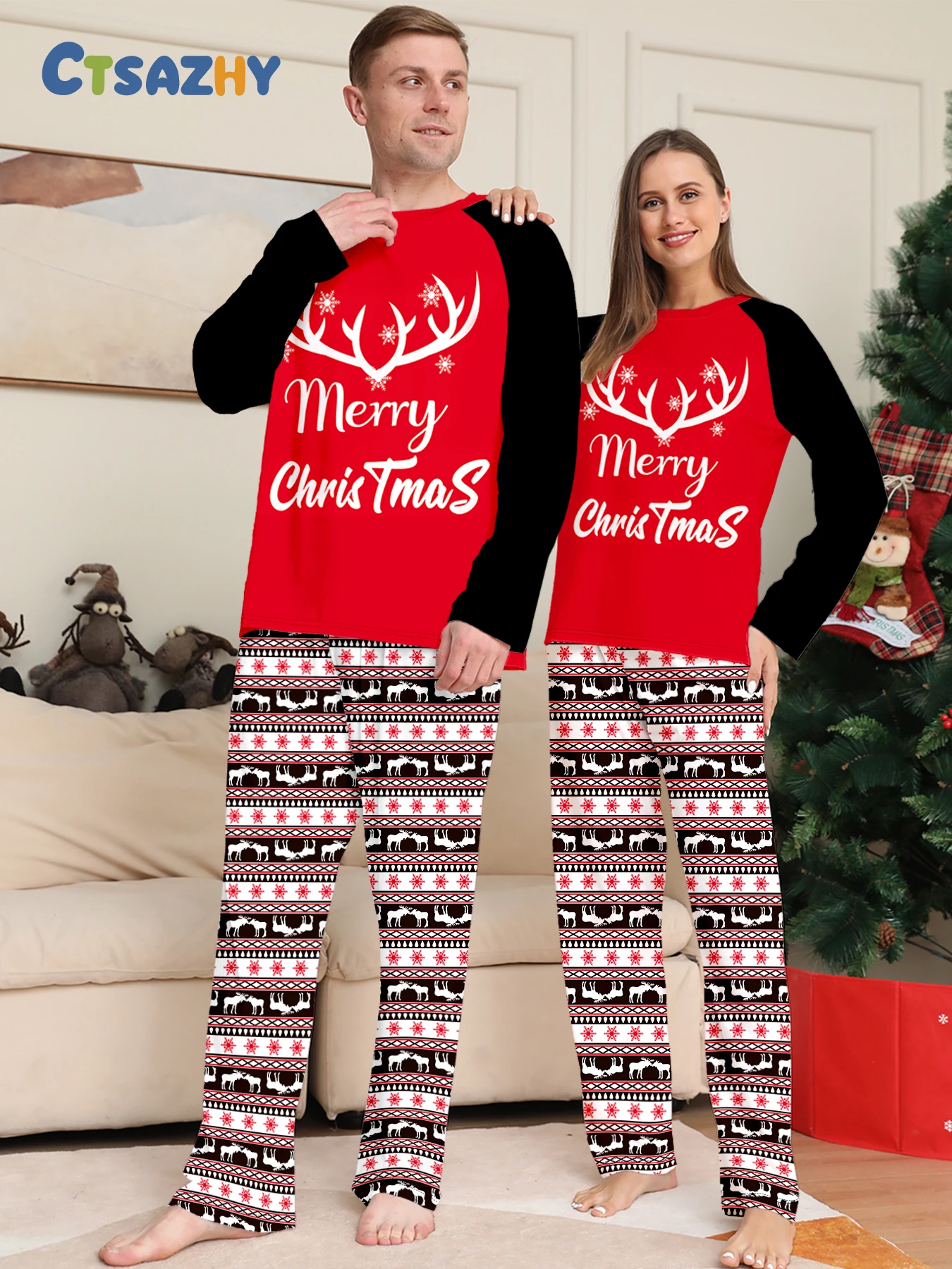 

Одинаковые рождественские пижамные комплекты для пары с рукавами реглан, красные, черные рога оленя, одежда для сна с принтом «Счастливого Рождества»