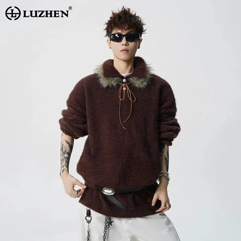 

LUZHEN 2025 New Original French Style Faux Fur Neck Solid Color Knitted Pullover Men Fashion Casual Sweater Handsome Tops JY5604