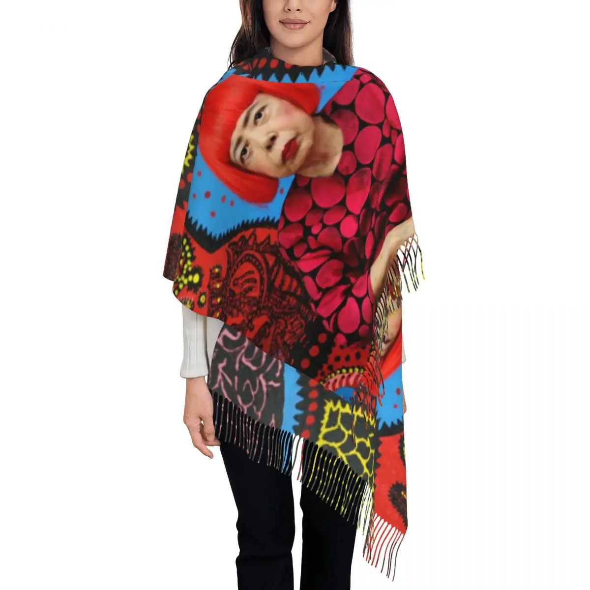 

Women's Scarf with Tassel Yayoi Kusama Aesthetic Large Winter Warm Shawl and Wrap Polka Pop Reversible Pashmina Scarves