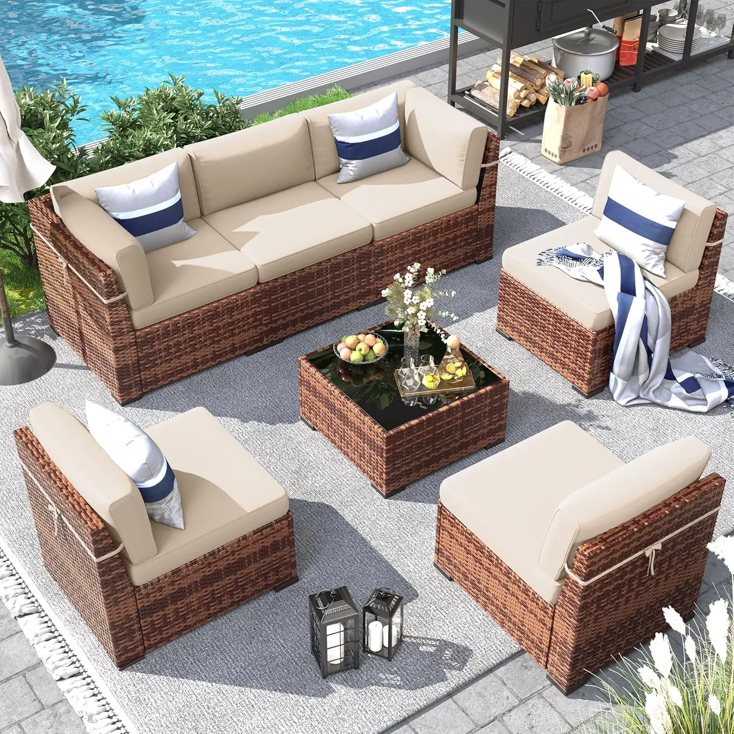 

Patio Furniture Set, 7 Pieces Outdoor Modular Conversation Set Wicker Sectional Sofa for All Weather Rattan Patio, Customized