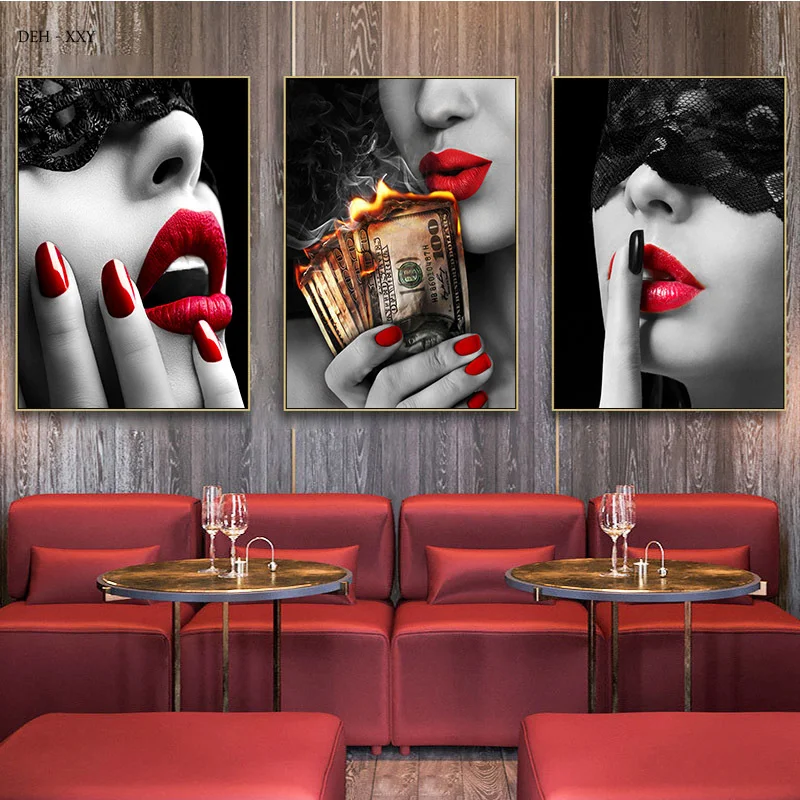 Red Lips Sexy Woman Canvas Painting Fashion Girl Babes Wall Art Pictures Modern Home Livingroom Wall Decoration Frameless