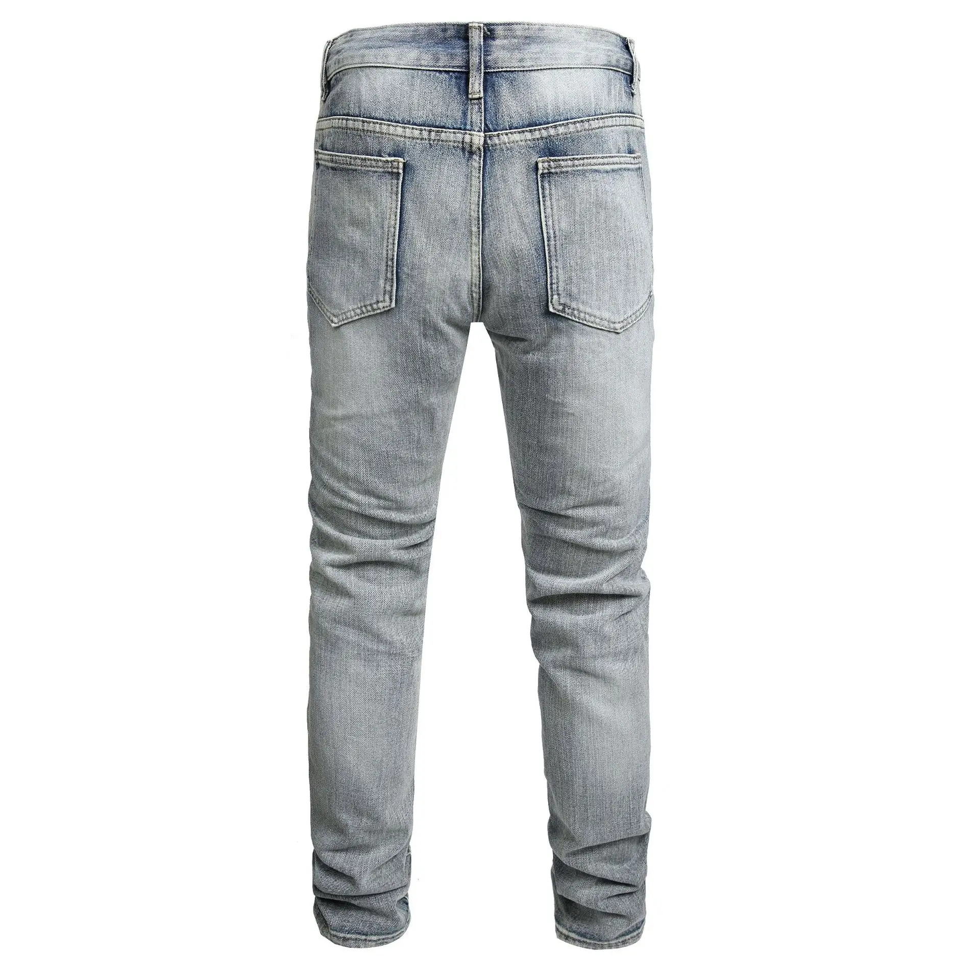 2024 New American-style Biker Jeans for Men, Featuring Knee Rip Details and Embroidered Designs, with A Slim-fit Tapered Cut.