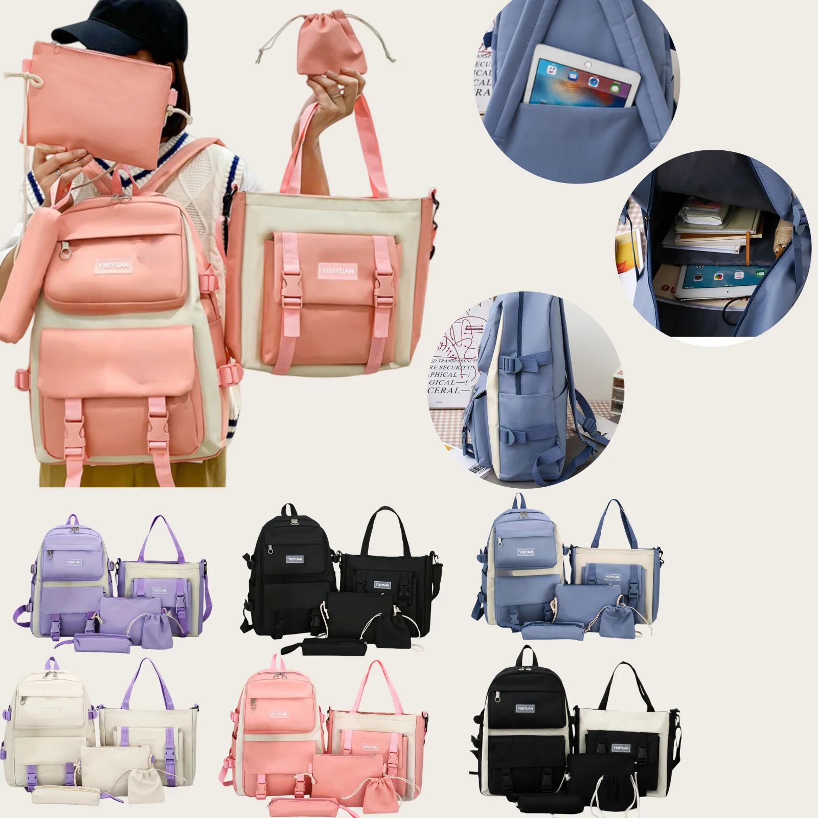 Neuer Rucksack für Damen und Herren, modisch und trendig, großer Rucksack für den Campus, Fünf-Teile-Set, Freizeit-Reisetasche.
