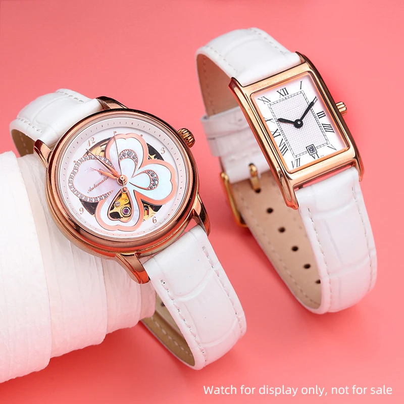 Correa de reloj blanca para mujer, pulsera de 12mm, 14mm, 15mm, 16mm, 17mm, 18mm, 20mm para la mayoría de los relojes, Pin de oro rosa/hebilla de mariposa