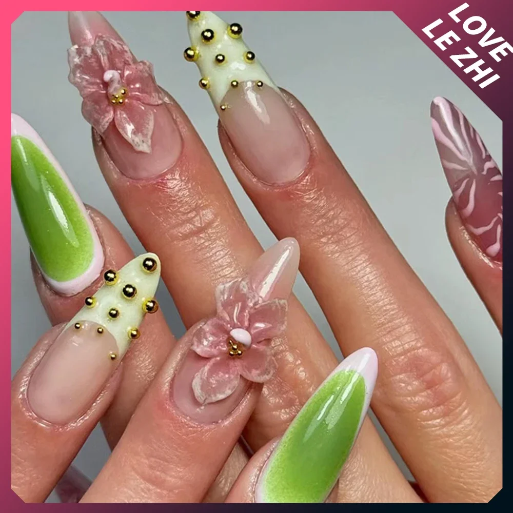 Y2K Handmade Press On Nails Set Long Almond Square Gel False Nail Summer Lilies Reusable Full Cover Reuse Fake Nail Tips