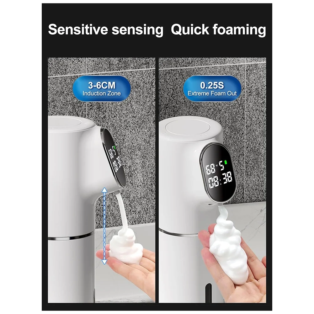 Hot Automatic Soap Dispenser 5-Level Adjustment IPX6 Water-Resistant Foam Soap Dispenser LED Time And Temperature Display