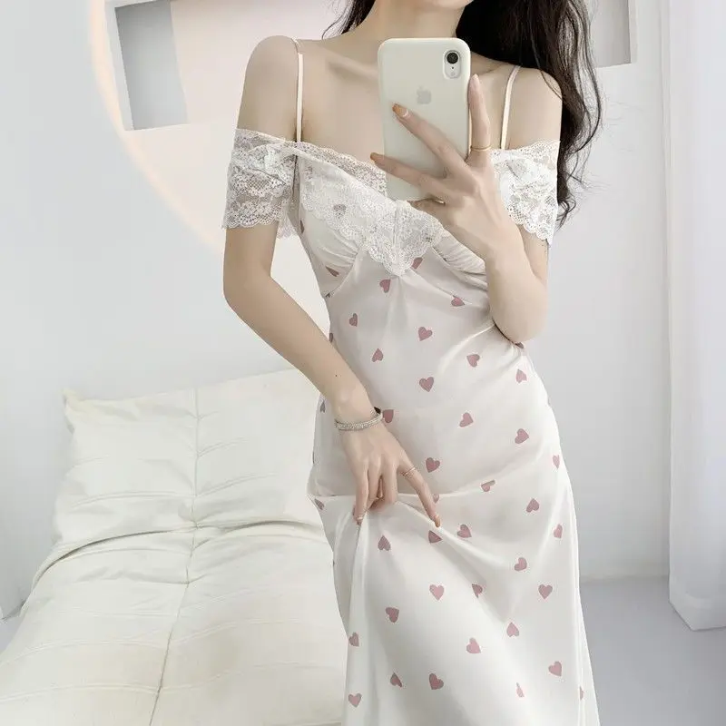 French Court Style Nightdress Sleepwear Summer Satin Print Love Nightwear Sleepshirt Sexy Off Shoulder Long Nightgown Home Wear