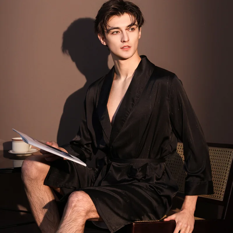 

Men's Summer Ice Silk Robe Satin Sleepwear Kimono Dressing Gown Bathrobe Senior Comfortable Pajamas for Man