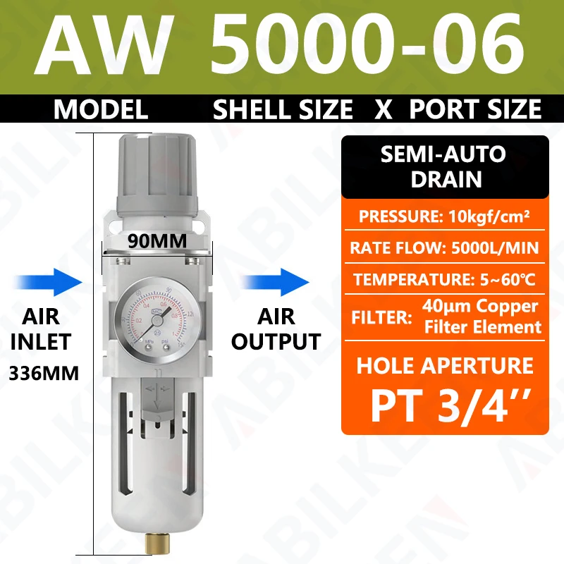 

ABILKEEN AW5000-06/AW5000-06D Автоматический/Полуавтоматический пневматический фильтр-регулятор давления PT3/4'' с манометром 0-150 psi