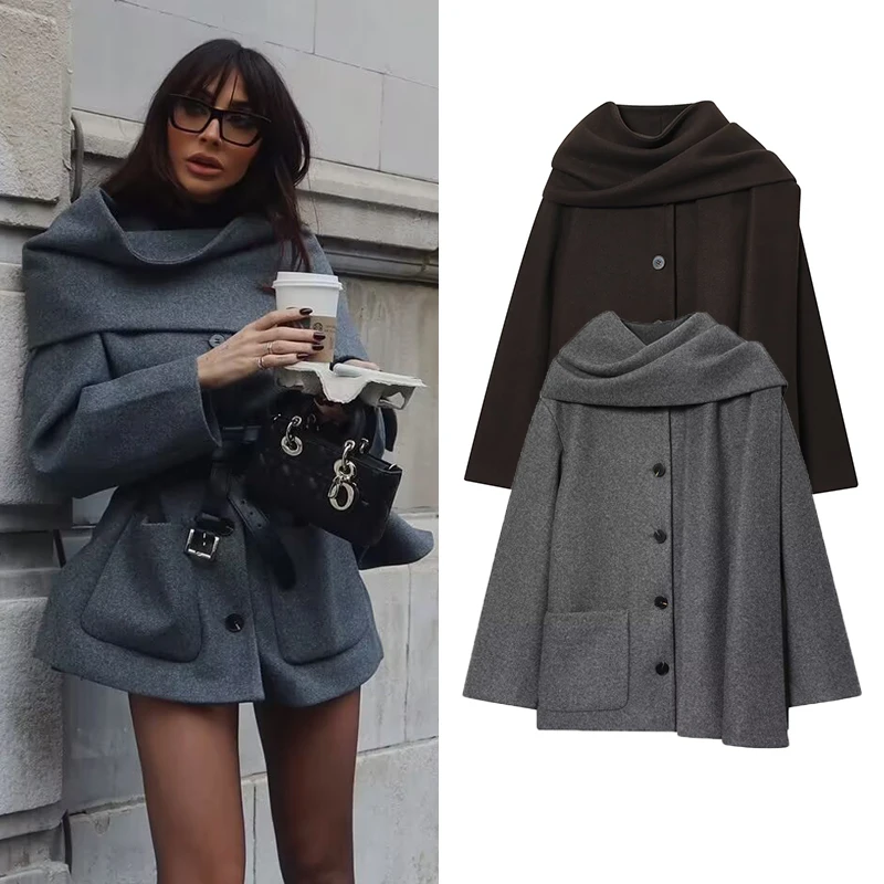 

TFMLN женские зимние однотонные куртки элегантное пальто с карманами модный съемный шарф теплая уличная одежда