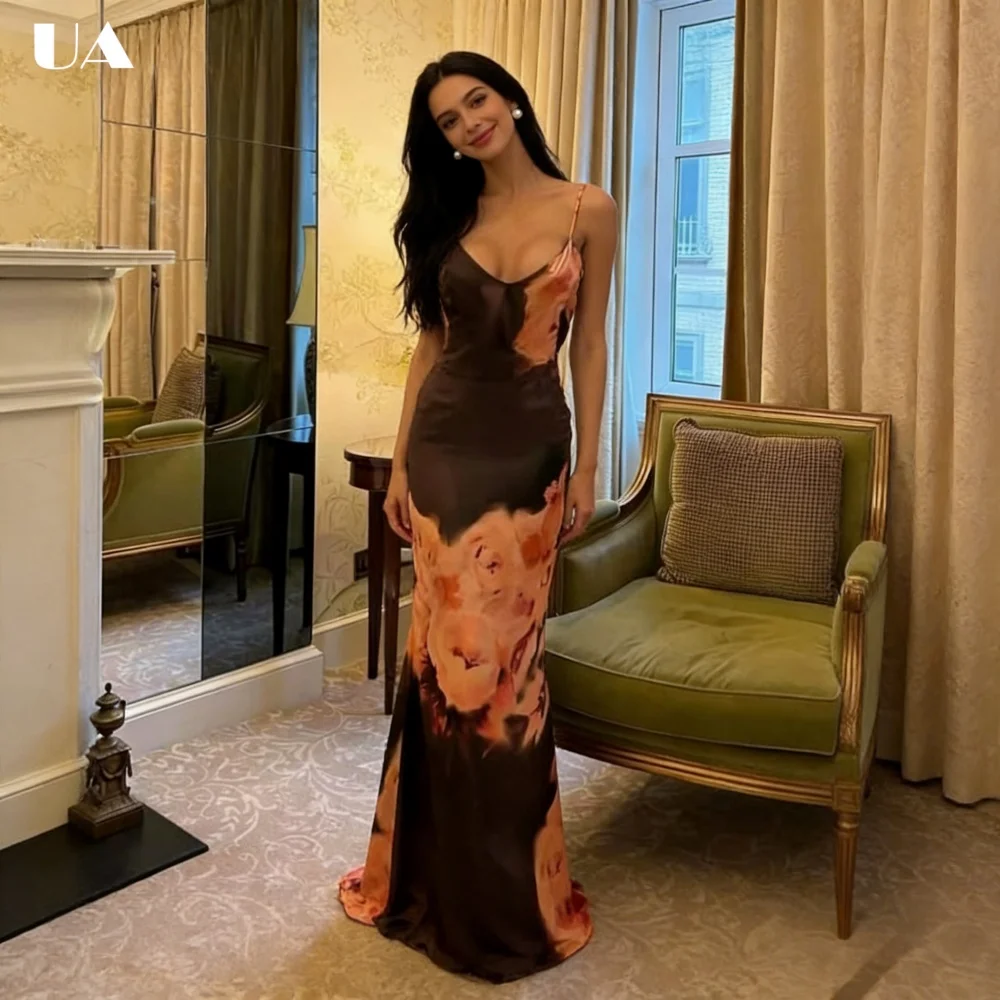 

Fashionable Printed Mermaid Maxi Dress with Spaghetti Strap, Elegant Deep V-neck Long Dress for Woman, Sexy Backless Party Dress