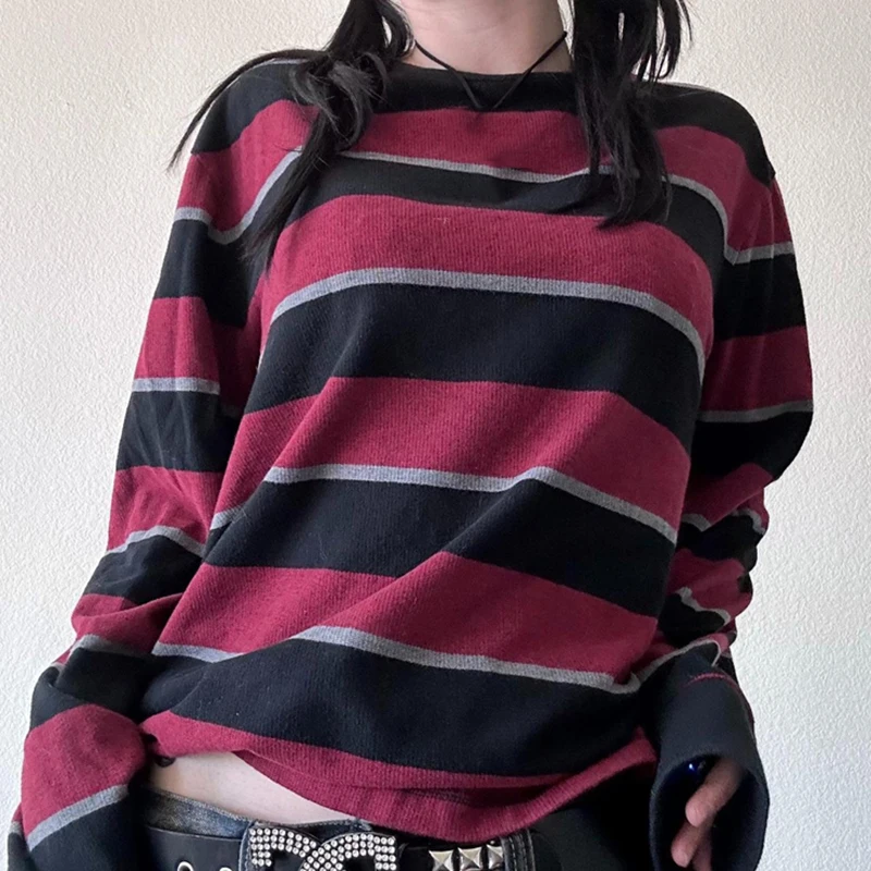 2000s Skater Striped Emo Sweater T-shirt Y2k Grunge Vintage Long Sleeve Pullovers Tops Preppy Aesthetic Mall Goth Tees Shirt