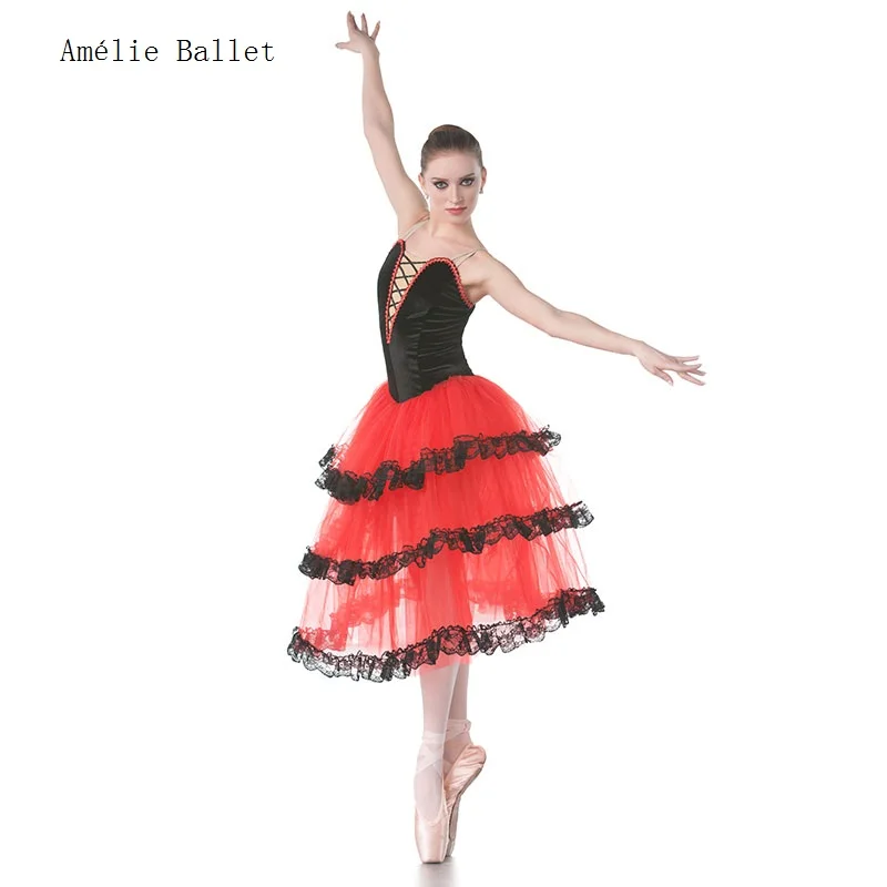 

18004 Black Velvet Bodice With Red Tulle Skirt Romantic Ballet Tutu for Child & Adult Dancer Stage Show or Competition Tutu