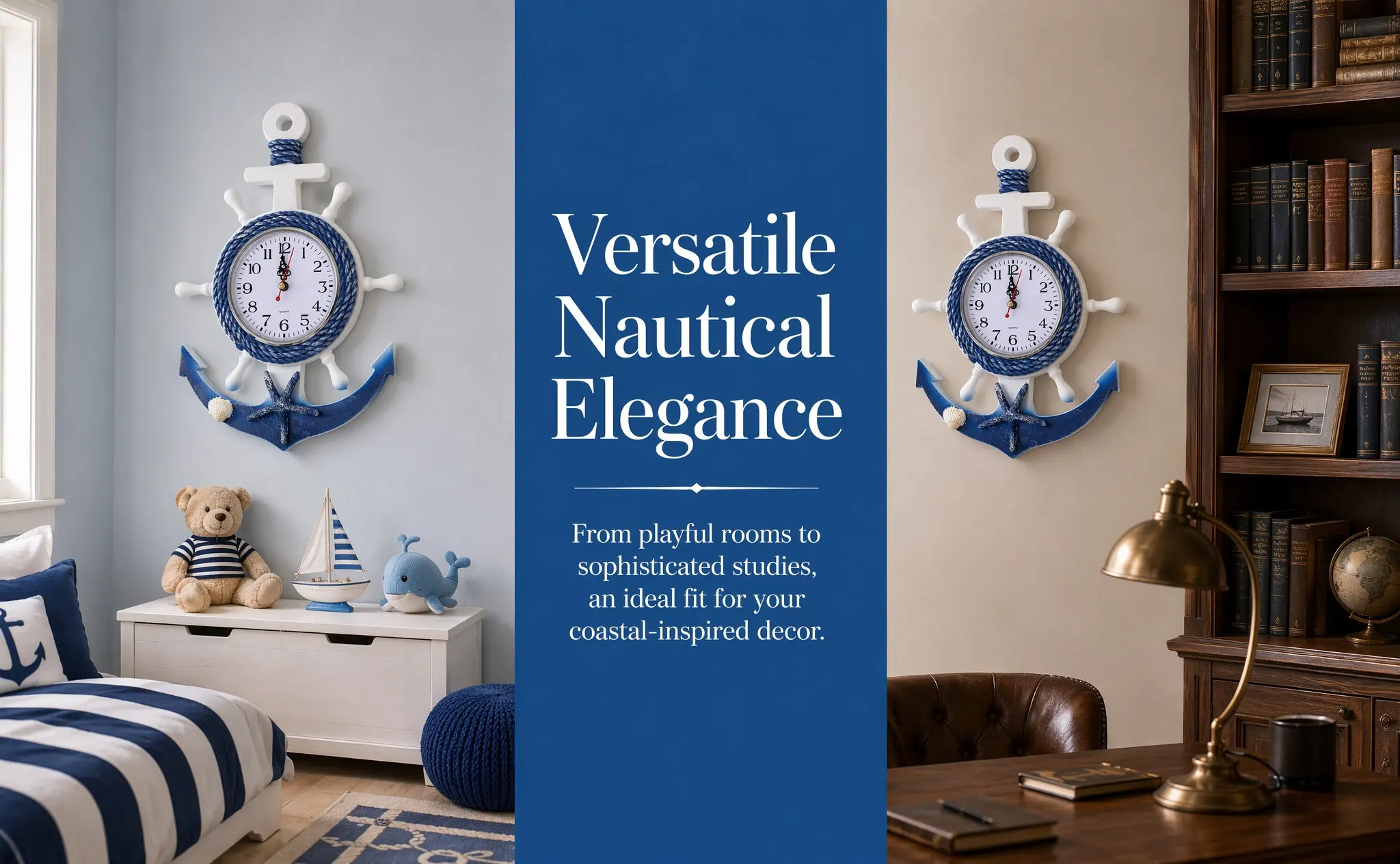 Hanging Wall Clock Mediterranean Style Boat Anchor and Star Design Wooden Plastic Material Clear Mirror Surface Living Room