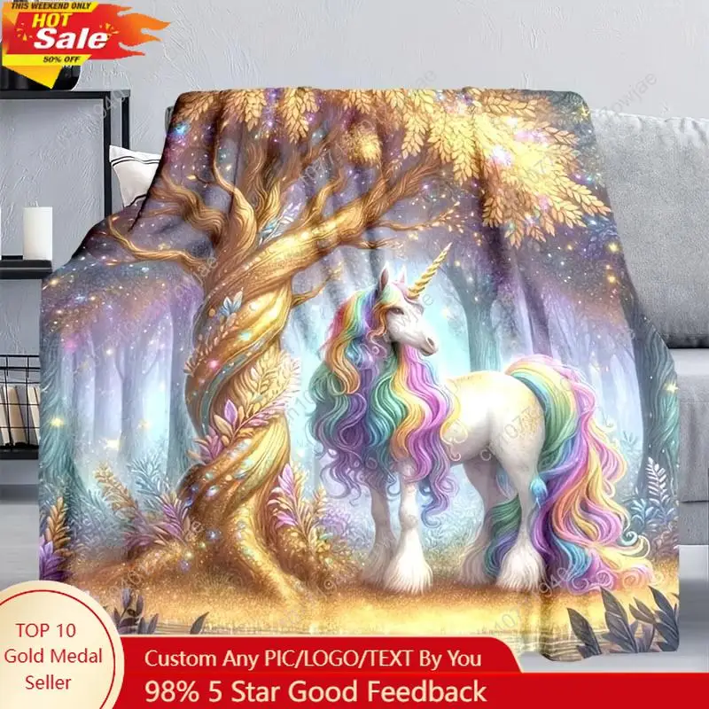 

[Unicorn Fleece Blanket] Soft, Warm 1pc Enchanting Unicorn Fleece Blanket - Magical Forest Design with Rainbow Mane - Perfect fo