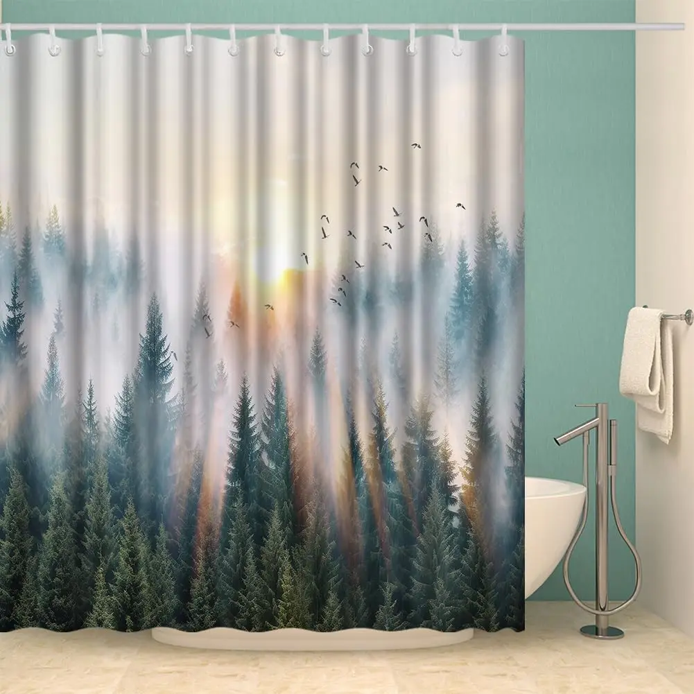 

Nature Landscape Shower Curtain Green Bathroom Decor with 12 Hooks 72x72 Inches
