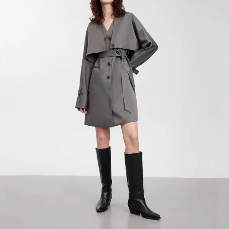 

2025 Autumn Spring New British Casual Temperament Slim Single-Breasted Belt Set Dress.