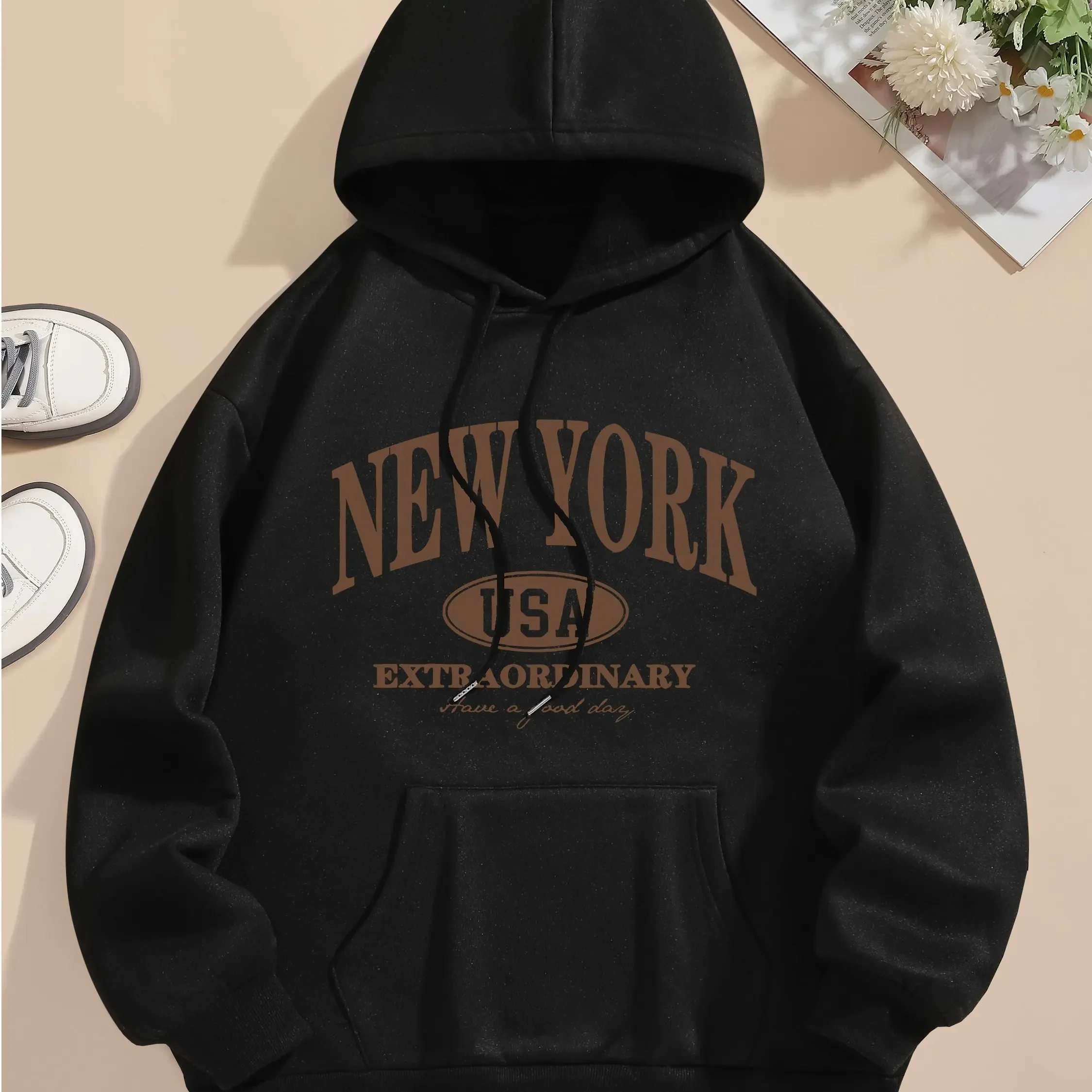 Letter Print Hoodie Drawstring Long Sleeve Casual Hooded Sweatshirt for Women's Oversized Harajuku Pullover Clothing