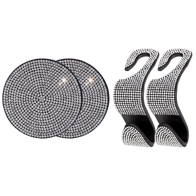 

4 pcs/set Car Interior Accessories Multifunction Diamond Auto Seat Back Hooks Non-slip Coaster Universal Car Hook Water Cup Mat