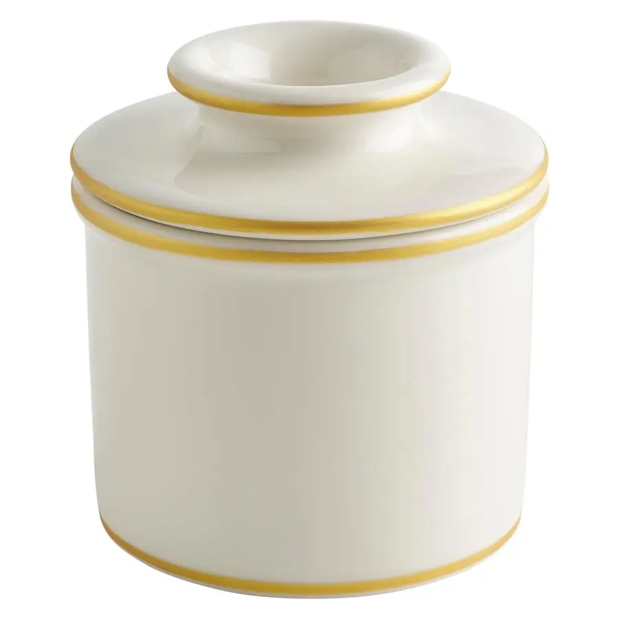 

The Original crock by L Tremain, a Countertop French Ceramic Butter Dish Keeper for Spreadable Butter, Le Bistro, White with Gol