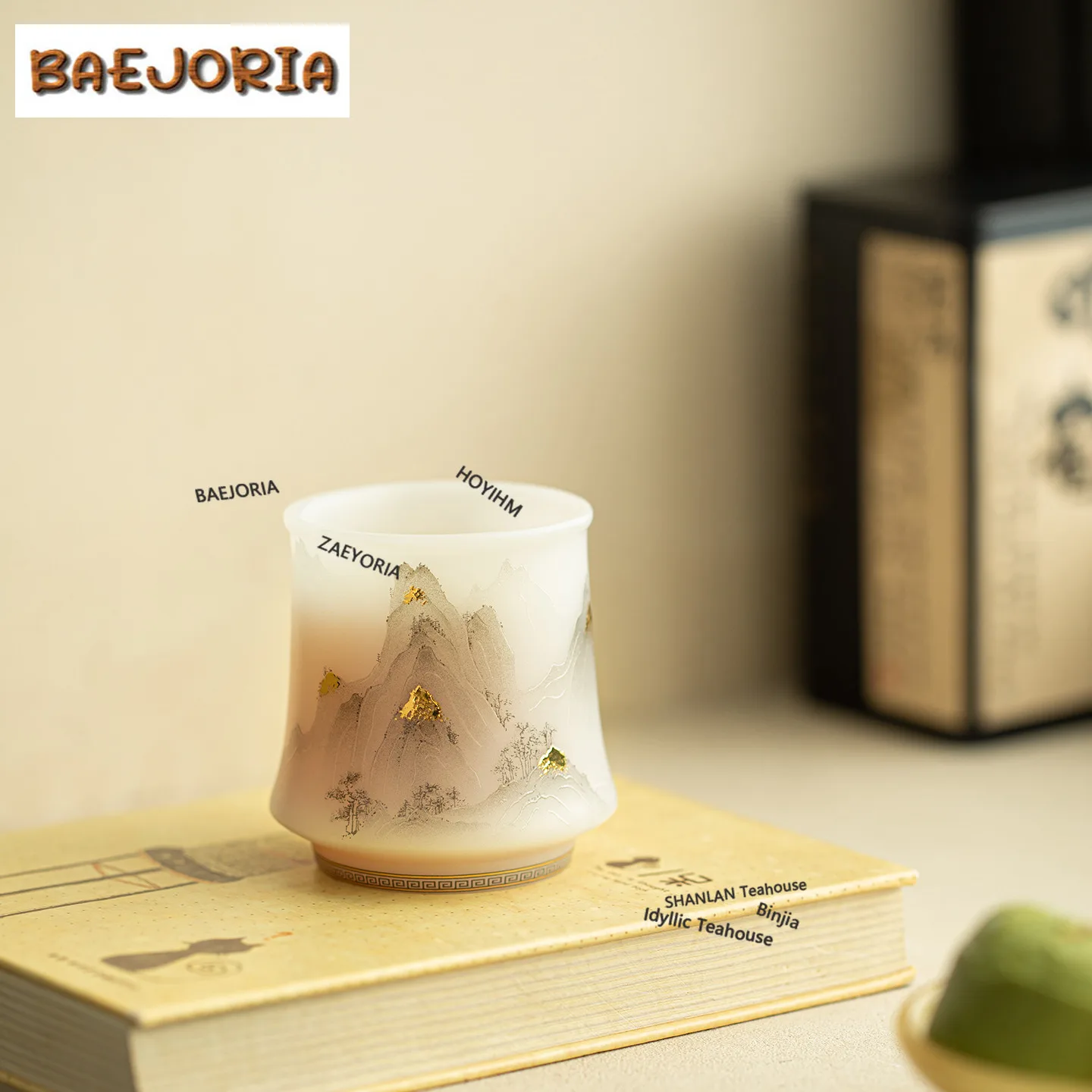BAEJORIA 125ml Sheep Fat Jade Porcelain Gold Drawing Teacup Zen Tea Bowl Set Of Cups Tea-tasting Meditation Cup Jianzhan Master