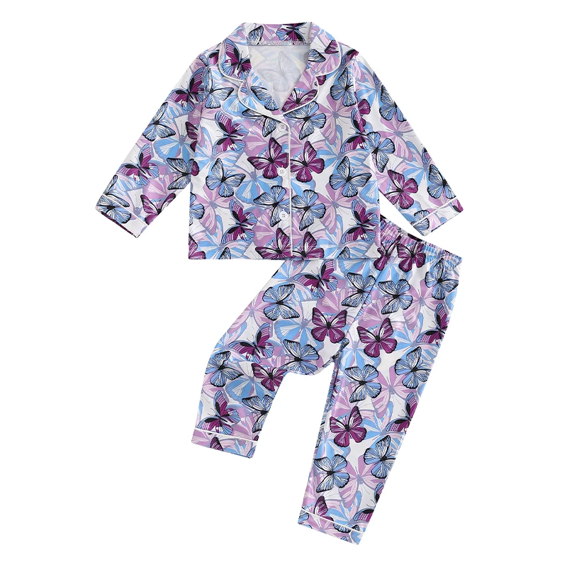 

Toddler Girls Pajamas Set Butterfly Cherry Strawberry Print Long Sleeve Shirts Tops Long Pants 2 Pcs Lounge Suit Sleepwear