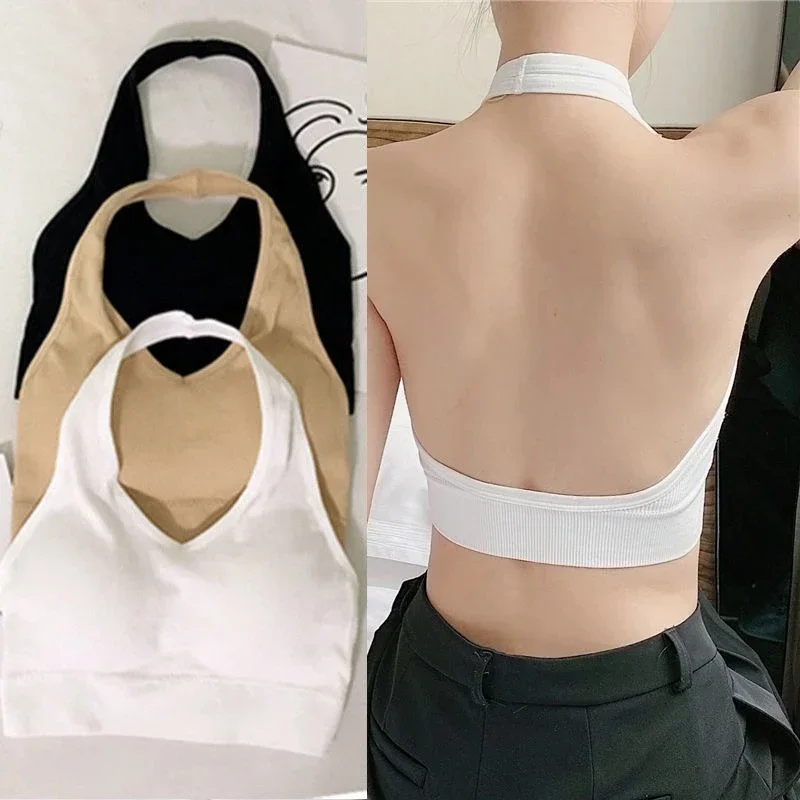 Women Sexy Halter Backless Bra Cotton Brassiere Wireless Shockproof Vest Lingerie Female Underwear Fitness Top with Built In Bra