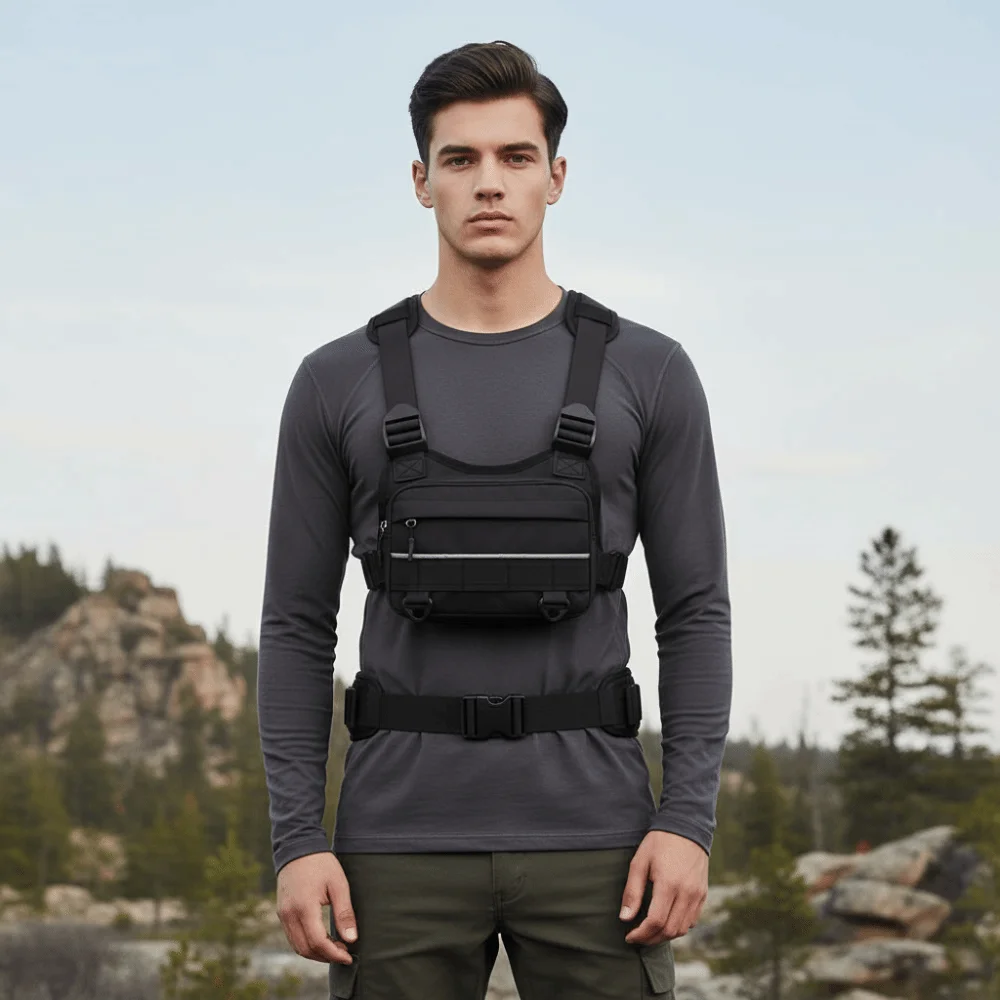 Oxford Cloth Unisex Chest Rig with Webbing Two Tone Design Motorcycle Vest Pack Dual Utility D-Ring Orange Cord Pull