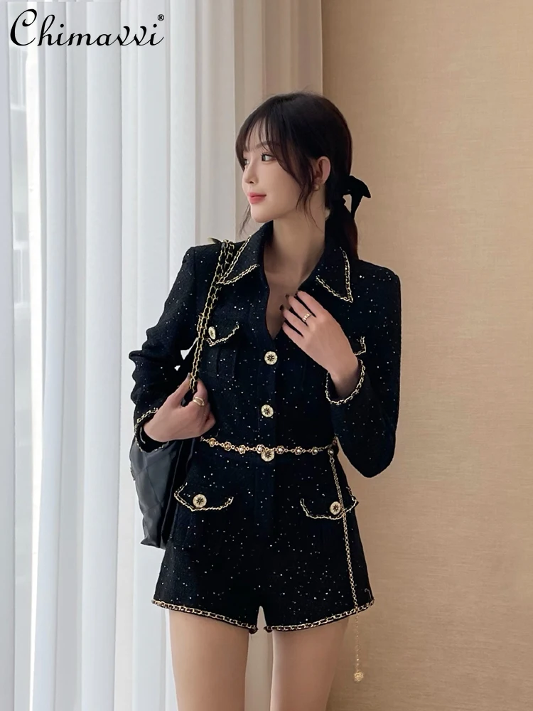 

Black Temperament Jumpsuit Women's 2025 Spring and Autumn New High-end Fashion Design High-waisted Gold Chain Woven Shorts Set